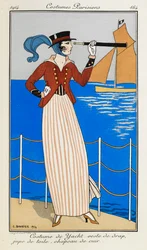 Yacht-asu: veste de drap, jupe de toile, chapeau de cuir. Nainen jahtipuvussa: punainen kangastakki, raidallinen pellavahame, nahkahattu ja sininen huivi. Hän käyttää kaukoputkea ja osoittaa taustalla olevaa venettä. Puvut Parisiens.
