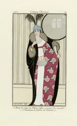 Suunnittelu mekkoon, joka on valmistettu Crepe de Chinesta ja turkista, Costumes Parisien, pub.1912 (pochoir print)