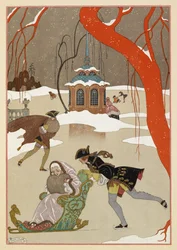 "En patinant". Ihmiset luistelevat. Nainen istumassa kelkassa.