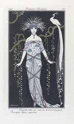 Iso iltapuku hopeabrokaadia. Sininen peruukki, aigrettes, Costumes Parisiensilta, pub.1914 (stencilprint)