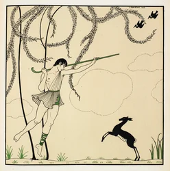 "Narcisse". Kohtaus Narcissessa, klassisesta baletista yhdessä näytöksessä. Narcisse sai ensi-iltansa vuonna 1911 Monte Carlossa. Poika tanssii ilmassa, kantaen paimenen roistoa, lammas seisoo takajaloillaan.