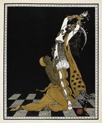 Nijinsky Kultaisena orjana Nikolai Rimski-Korsakovin vuonna 1888 säveltämässä Sheherazadessa. Hän polvistuu Sheherazaden edessä, molemmat pukeutuneena arabialaiseen asuun.
