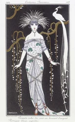 Hopeinen brokadi-iltapuku ja peruukki - kuvitus George Barbierin (1882-1932). julkaisussa "" Journal des dames et des modes: Costumes Parisiens""