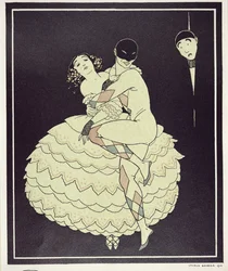 Tamara Karsavina (1885-1978) Columbinena ja Vaslav Nijinsky (1890-1950) Harlequinina Fokinen Carnavalissa vuonna 1910, pub. 1914 (pochoor print)