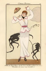Nainen valkoisessa villamekossa, jossa vaaleanpunainen reunus, vyö virkattuista ruusuista, hukassa hattunsa tuulessa. Robe de drap blanc borde d’un ourlet couleur de rose, ceinture des roses en crochet. Käsinvärinen pochoir (stensiili) etsaus George Barbin
