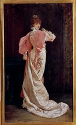 Täyspitkä muotokuva ranskalaisesta näyttelijästä Henriette Rosine Bernardista, joka tunnetaan nimellä Sarah Bernhardt (1844-1923) Georges Jules Victor Clairinin (1843 - 1919) maalaus. 1800-luvulla. Pariisi, ranskalainen komedia