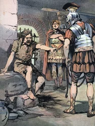 Gallian sota: "" Gallialainen soturi Vercingetorix vanki Jules Cesarin roomalaisissa aseissa Tullianumin vankiloissa, 46 eaa." (Gallialaiset sodat: Vercingetorixin vanki Mamertinen vankilassa Roomassa tappion jälkeen Julius Caesaria vastaan, 46 eKr.) Kuvit