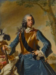 Clemens August Baijerilainen (1700-1761), Kölnin arkkipiispa-ruhtinaskunta Saksan ritarikunnan suurmestarina - George Desmarees (1697-1776). Öljy kankaalle, n. 1746. Mitat : 155x114,5 cm Yksityiskokoelma