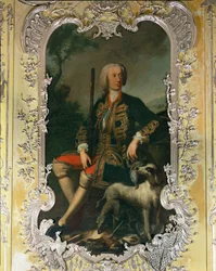 Muotokuva valitsija Carl Albrechtista Amalienburgin palatsin keltaisessa makuuhuoneessa Nymphenburgin alueella ...
