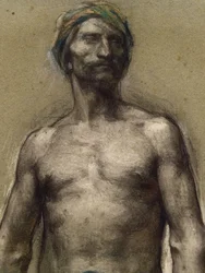 Tutkimus alastomasta miehestä turbaanissa (yksityiskohta) (noin 1888). George Desvallieres (1861-1950). Pastelli paperisauvalla laminaatit pahvipaperille. Musee des Beaux-Arts de la Ville de Paris, PeuPalais.