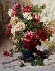 Ruusujen asetelma maljakossa. Georges Jeanninin (1841-1925 Ranska) maalaus Yksityiskokoelma.