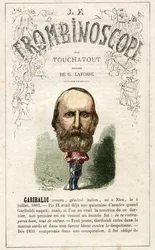Giuseppe GARIBALDI (1807-1882) kuvitus Leon-Charles Bienvenun satiirisesta poliittisesta aikakauslehdestä "Le Trombinoscope", joka tunnetaan nimellä Touchatout (1835-1910) monografia N. 20, imprimerie Vallee, Pariisi.