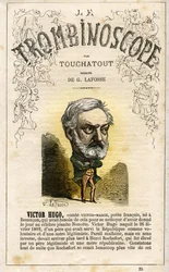 HUGO Victor Hugo (1802-1885) - kuvitus Leon-Charles Bienvenun (1835-1910) satiirisesta poliittisesta aikakauslehdestä "Le Trombinoscope", joka tunnetaan nimellä Touchatout (1835-1910) monografia N. 25, Imprimerie Vallee, Pariisi, helmikuu 1872.