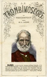 Louis-Auguste BLANQUI (1805-1881) - kuvitus Leon-Charles Bienvenun (1835-1910) satiirisesta poliittisesta aikakauslehdestä "Le Trombinoscope", joka tunnetaan nimellä Touchatout , monografia. 27, Pariisi, maaliskuu 1872