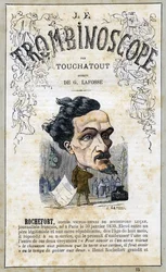 Victor Henri ROCHEFORT (1831-1913), kuvitus Leon-Charles Bienvenun satiirisesta poliittisesta aikakauslehdestä "Le Trombinoscope", joka tunnetaan nimellä Touchatout (1835-1910) monografia N. 15, Imprimerie Vallee, Pariisi, ottobre 1871.