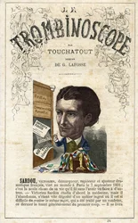 Victorien SARDOU (1831-1908) - kuvitus Leon-Charles Bienvenun (1835-1910) satiirisesta poliittisesta aikakauslehdestä "Le Trombinoscope", joka tunnetaan nimellä Touchatout (1835-1910) monografia N. 24, Pariisi.