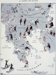 Balkanin sota: sotateatterin kartta - "La Vie Parisienne" -lehdessä 26.10.1912 (painettu).