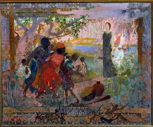 Akateeminen taide tai palomies: "Afrikan valloitus" Allegoria kolonialismista, joka edustaa nuorta valkoista naista, joka etenee juhlallisesti kohti peloissaan afrikkalaisia perheitä. Georges Antoine Rochegrossen (1859-1938) maalaus 1900 Pariisi, Musee du 