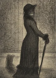 Une Elegante, Nainen kävelyllä, n. 1884 (kynätarina michalett-paperilla)