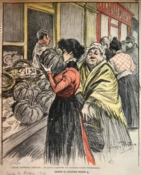 Kaksi naista valitsemassa kurpitsaa torilla, 1800-luvun loppu (värilitho)