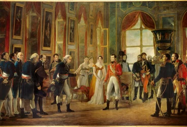 Napoleon I (1769-1821) otti Saint-Cloudissa vastaan Senatus-Consulten, joka julisti hänet Ranskan keisariksi 18.5.1804 (keisaritar Josephinen takana on hänen tyttärensä Hortense ja hänen kälynsä Marie-Annonciade, Caroline Bonaparte (1782-1839)). Je