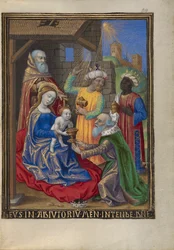 Maagien palvonta tuntikirjasta Ms. 48 fol. 59, n. 1480-90 (tempera, lehtikulta ja muste pergamentissa)