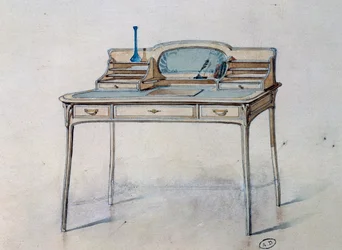 Piirustus naisten jugendtyyliselle kirjoituspöydälle Bing Atelierille (Jugend-työpaja), n. 1900 (akvarelli ja kynä)