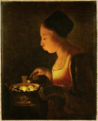 Girl Blowing on a Brazier (maalaus kankaalle)