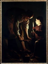 Pyhä Joosef puuseppä Jeesus-lapsi pitää kynttilää sytyttääkseen isänsä Joosefin työssä. Georges de La Tourin (1593-1652) maalaus 1640 su. 1,07 x 1,02 m Pariisi. Louvren taidemuseo