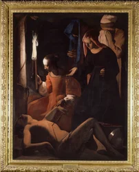 Pyhä Irene hoitaa Pyhää Sebastiania. (St. Sebastian tarjosi St. Irene) Georges De La Tourin maalaus (1593-1652)