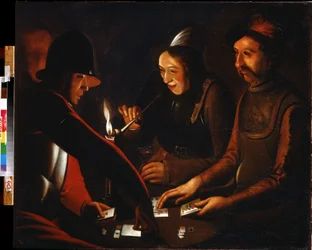 Sotilaat pelaavat korttia. Sotilaiden pelikortit. Maalaus Georges de La Tourin (1583-1652) seurueesta. Öljy kankaalle. Alueellinen A. Deinekan taidegalleria, Kursk (Kursk), Venäjä.