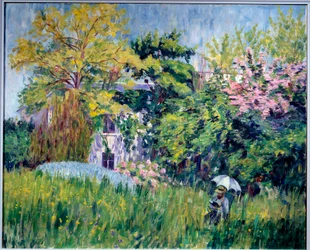 Bonnieresin puutarha Lukijalla on sateenvarjon alla korkeassa ruohossa. Georgette Agutten (1867-1922) maalaus 1909-1910. Öljy kankaalle, 81 x 100 cm. Grenoble, musee des Beaux Arts - Puutarha Bonnieresissa. Lukija sateenvarjon alla korkeassa ruohossa. Pa