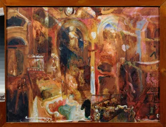 Kahvila (Cafe) - Georgi Bogdanovich Yakulovin (1884-1928) työ, akvarelli ja valkoinen paperille, venäläinen taide, 1900-luku, futurismi - Alueellinen taidemuseo, Kaluga (Venäjä)