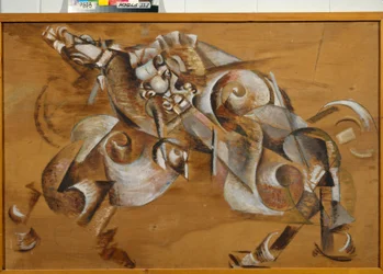 ""Leijona hyökkää hevosta vastaan"" (Leijona hyökkää hevosta vastaan) Georgi Yakulovin (1884-1928) maalaus öljy leikkipuulle 1917-1918 Koko 99x149 cm Valtion Tretjakovin galleria, Moskova