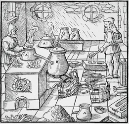 Kaiverrus De re metallicasta (Metallien luonnosta), Georg Pawer tai Georgius Agricola (1494-1555), julkaistu Baselissa