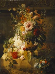 Ruusut, Convolvuli, Neilikat, Hollyhocks, Pionit, Lila ja muut kukat maljakossa,