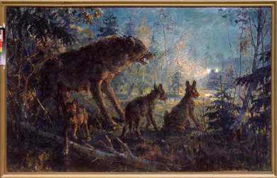 Tapaaminen metsässä (Susi ja hänen pentunsa traktoria vasten, yöllä) - Tapaaminen metsässä - George (Georgy, Georgi) Konstantinovich Savitskyn (1887-1949) maalaus, öljy kankaalle