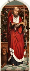 Pyhän Hieromuksen polyptyykkitaulu San Gerolamo della Cervaran kirkosta - Gerard Davidin maalaus (n. 1460-1523) 1506 Koko 65x150 cm Genes Musei di Strada Nuova (ex Palazzo Bianco) Italia