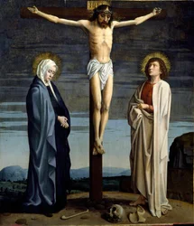 Ristiinnaulitseminen. Ristissä teksti "INRI" (I.N.R.I.). Maalaus, taiteilijan elinvuodet 1460-1523