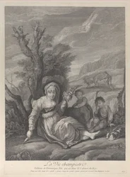Maalaisnainen istumassa maisemassa, kaksi poikaa kyljellään, 1729-40.