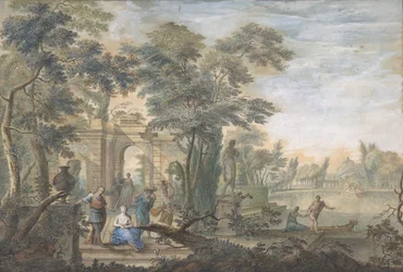 Arkadiaaninen maisema, jossa on useita hahmoja ja Dianan patsas, 1700-luku.