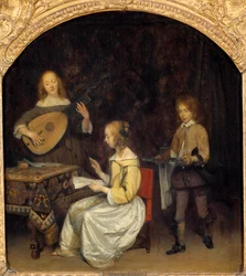 Konsertti: Luth Theorben laulaja ja pelaaja. Gerard Ter Borchin (1617-1681) maalaus, hollantilainen koulu