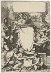 Cartouche allegoristen hahmojen ympäröimänä