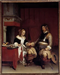 Military Gallant tai nuori nainen, jolle mies tarjoaa rahaa. Hollantilaisen Gerard Ter Borchin (1617-1681) maalaus