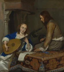 Teorboa soittava nainen ja ratsumies, noin 1658.