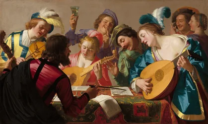 Myöhäisrenessanssin/varhaisen barokin aikakauden muusikot (Gerard van Honthorst, The Concert, 1623)