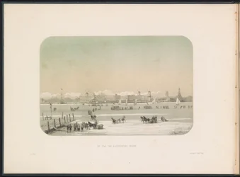 Entreteniment de gel a la Maas a Rotterdam, vist des de Katendrecht, 1855 La ciutat de Katendrecht vista (títol a l