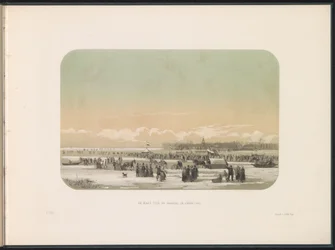 Jääviihdettä Maasilla Rotterdamissa, kaukaisuudessa Feijenoordin tehdas, 1855 Maas Feijenoordin tehtaan edessä (otsikko esineessä) Jääviihdettä Maasilla Rotterdamissa helmikuussa 1855 kuvatekstein (sarjan nimi esineellä)