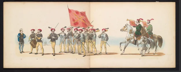 Leidenin opiskelijoiden naamiaiset, 1855 (levy 12) Leidenin opiskelijakunnan jäsenten pukukulkue 12. kesäkuuta 1855 Leidsche Hoogeschool -koulun 280-vuotisjuhlan kunniaksi, ja se kuvaa Kaarle V:n tuloa