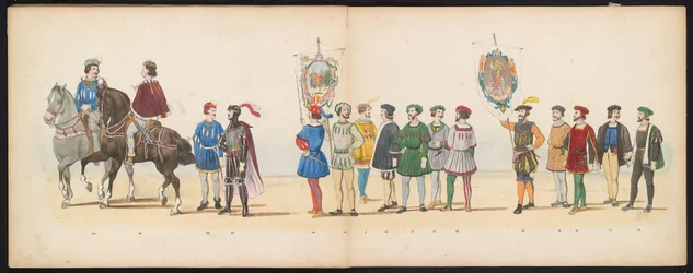 Leidenin opiskelijoiden naamiaiset, 1855 (levy 13) Leidenin opiskelijakunnan jäsenten pukukulkue 12. kesäkuuta 1855 Leidsche Hoogeschool -koulun 280-vuotisjuhlan kunniaksi, ja se kuvaa Kaarle V:n tuloa